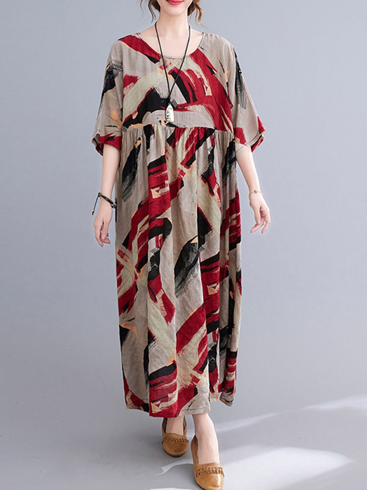 Abstract Painted Loose O-neck Half Sleeve Women Vintage Dress
