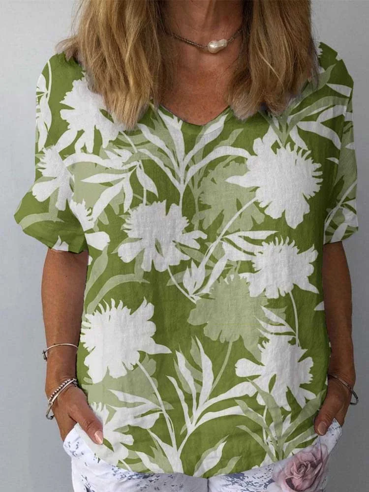 Women's Vintage Floral Print Cotton And Linen Top