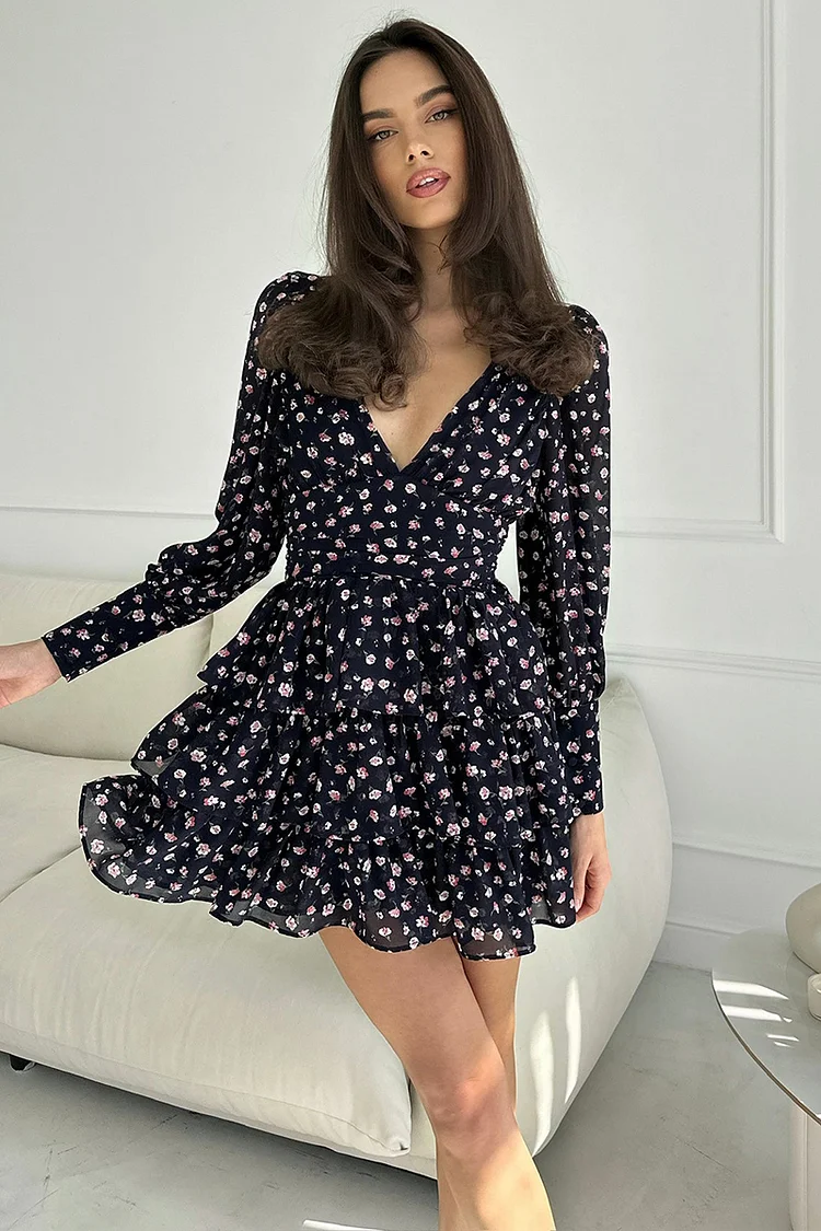 Floral Print Deep V Long Puffy Sleeve Tiered Ruffle Hem Vacation A-line Mini Dresses