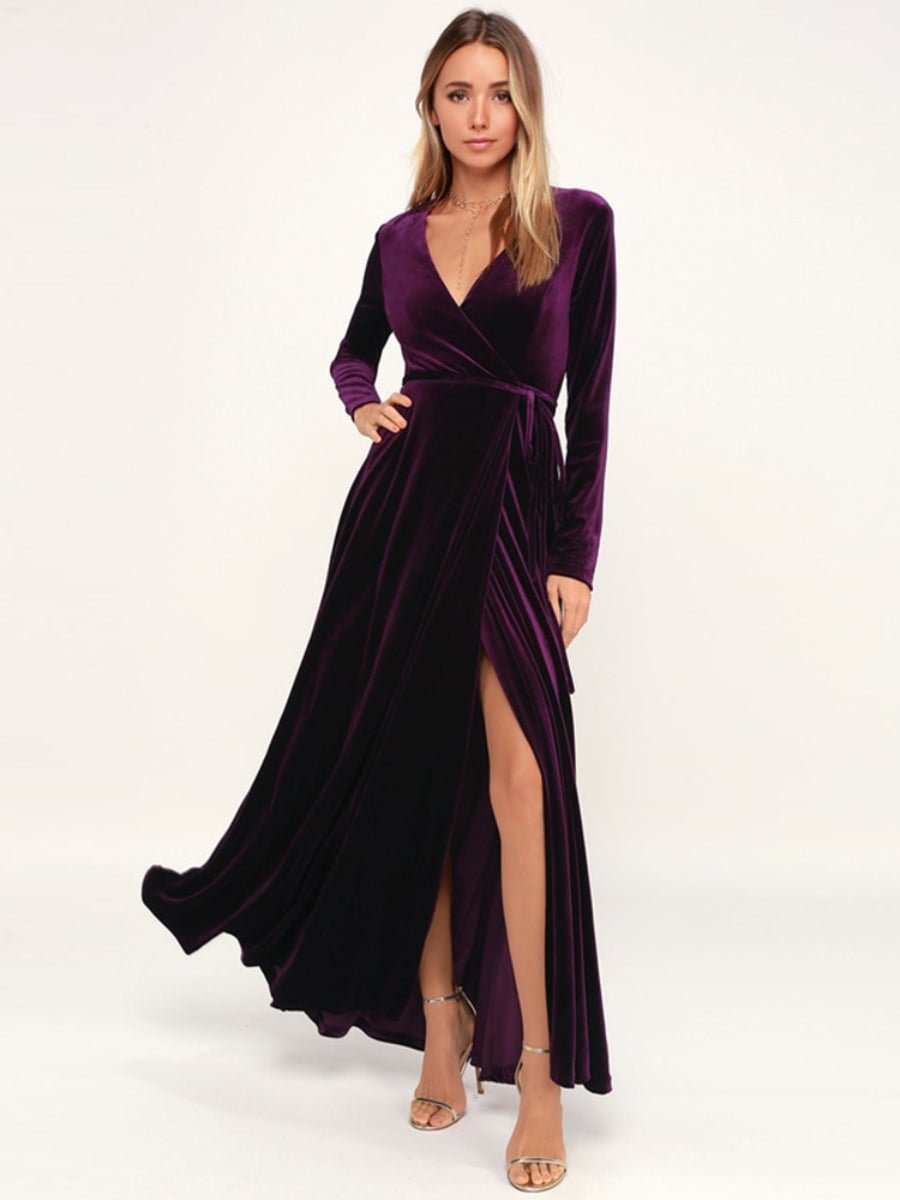 Prom Dresses V-neck Velet Long Sleeve Split Plus Size Maxi Dresses