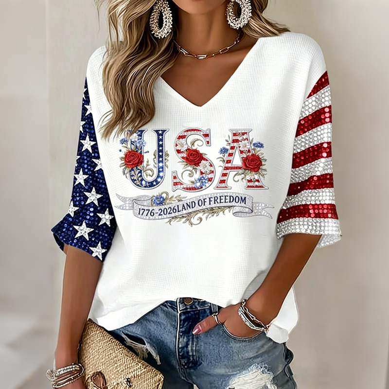 Women's Flag Art Three-quarter Sleeve V Neck Linen Tops Westsshops