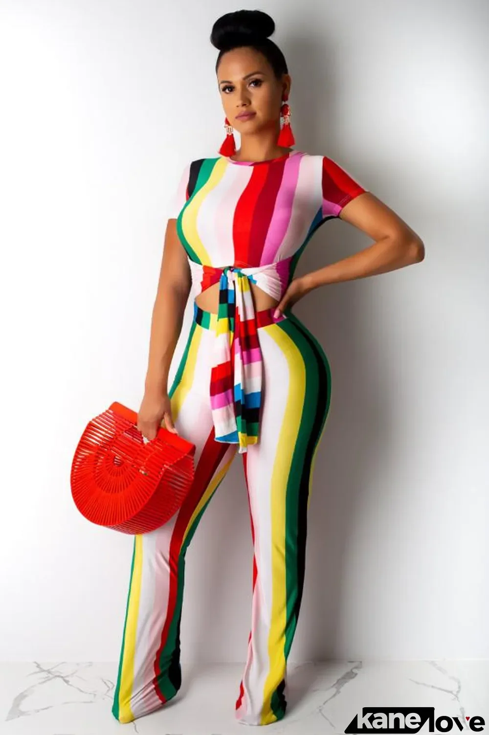 Red Sexy Fashion bandage Striped Asymmetrical Patchwork Polyester Short Sleeve Peter Pan Collar Jumpsui