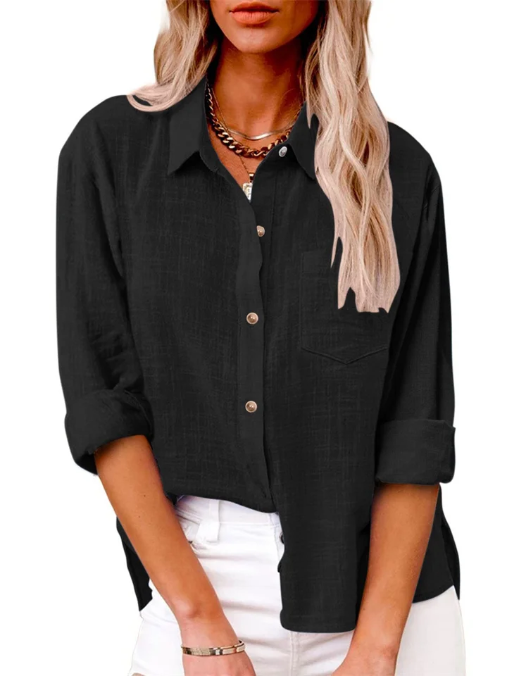 Women's Casual Loose Autumn Split Long-sleeved Women's Cotton and Linen Solid Color Long-sleeved Shirt-JRSEE