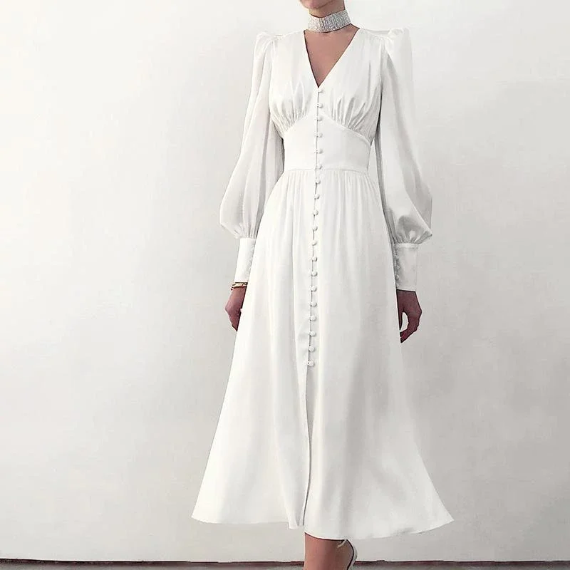New Satin Dress Women's Design with Lantern Sleeves and Slim Waist