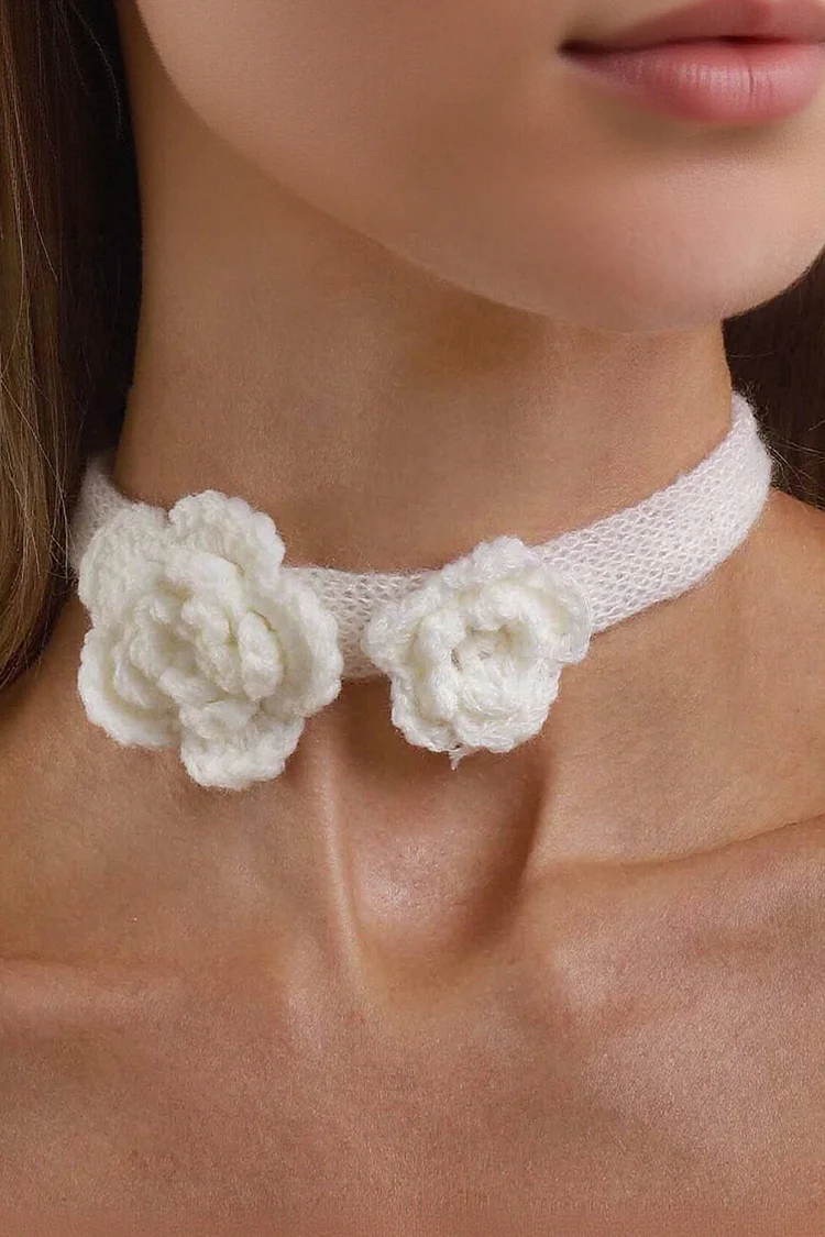 Vacation Solid Color Crochet 3D Flower Choker Necklace 2024 - Xpluswear