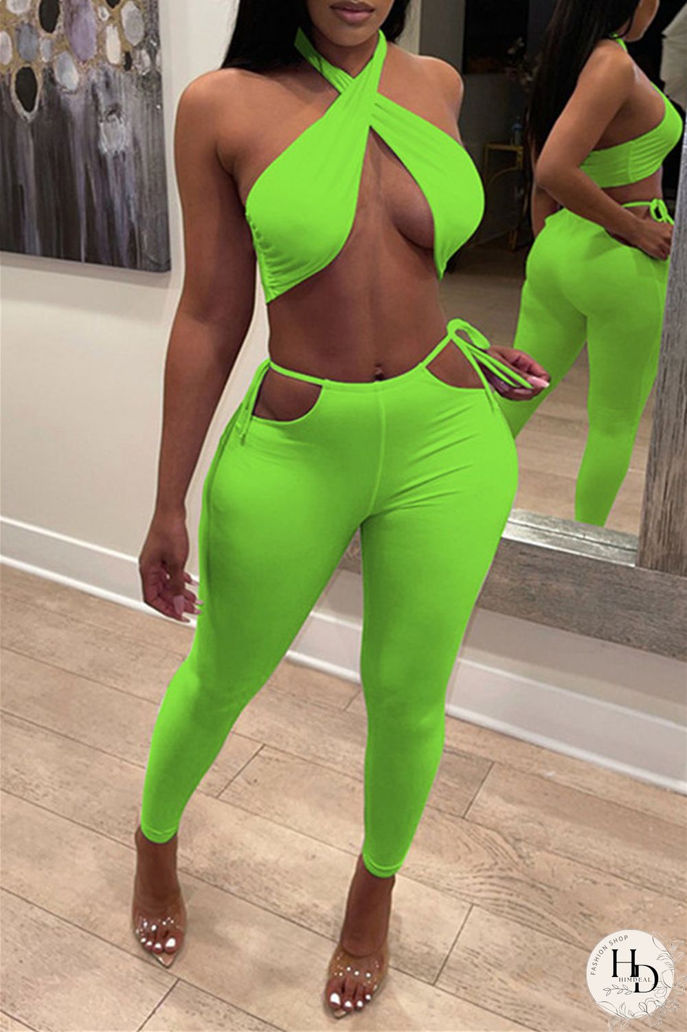 White Fashion Sexy Solid Backless Halter Sleeveless Two Pieces