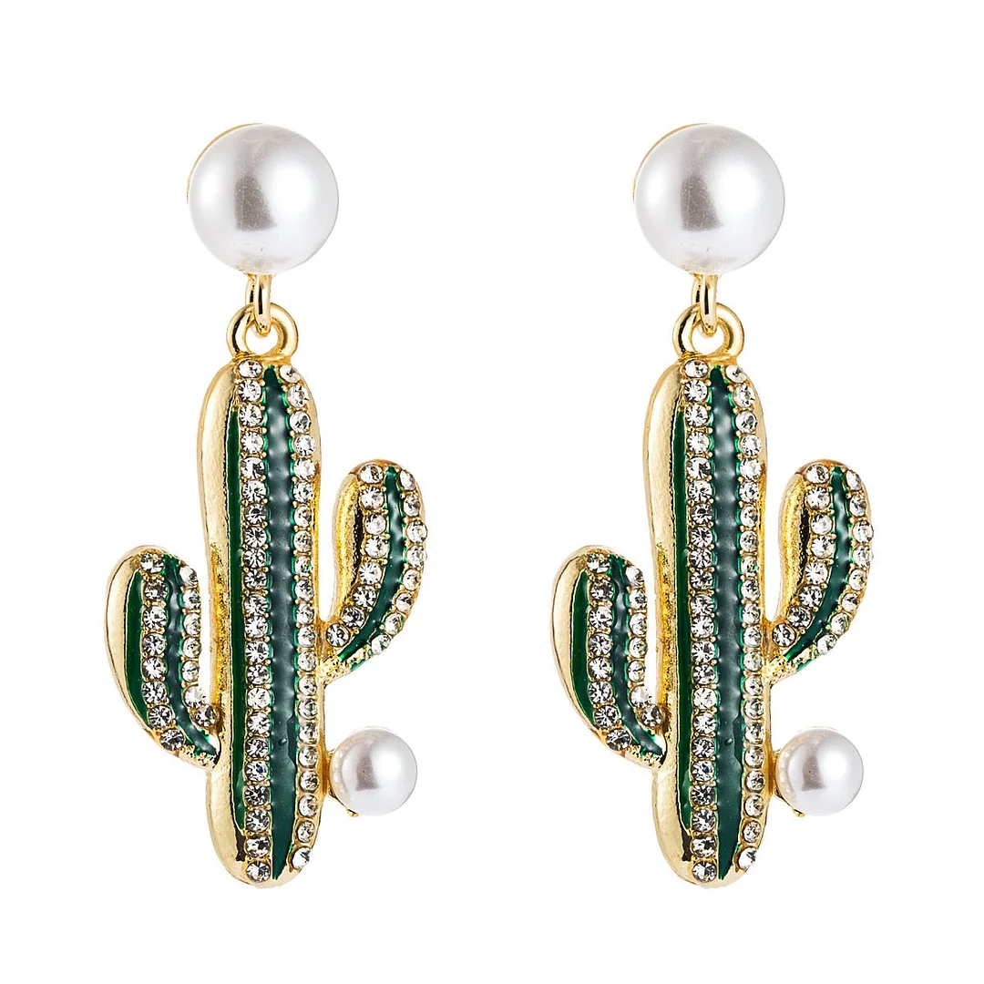 Dvacaman Cute Colorful Rhinestone Cactus Earrings for Women Boho Handmade Green Beaded Cactus Drop Dangle Earrings Jewelry Party