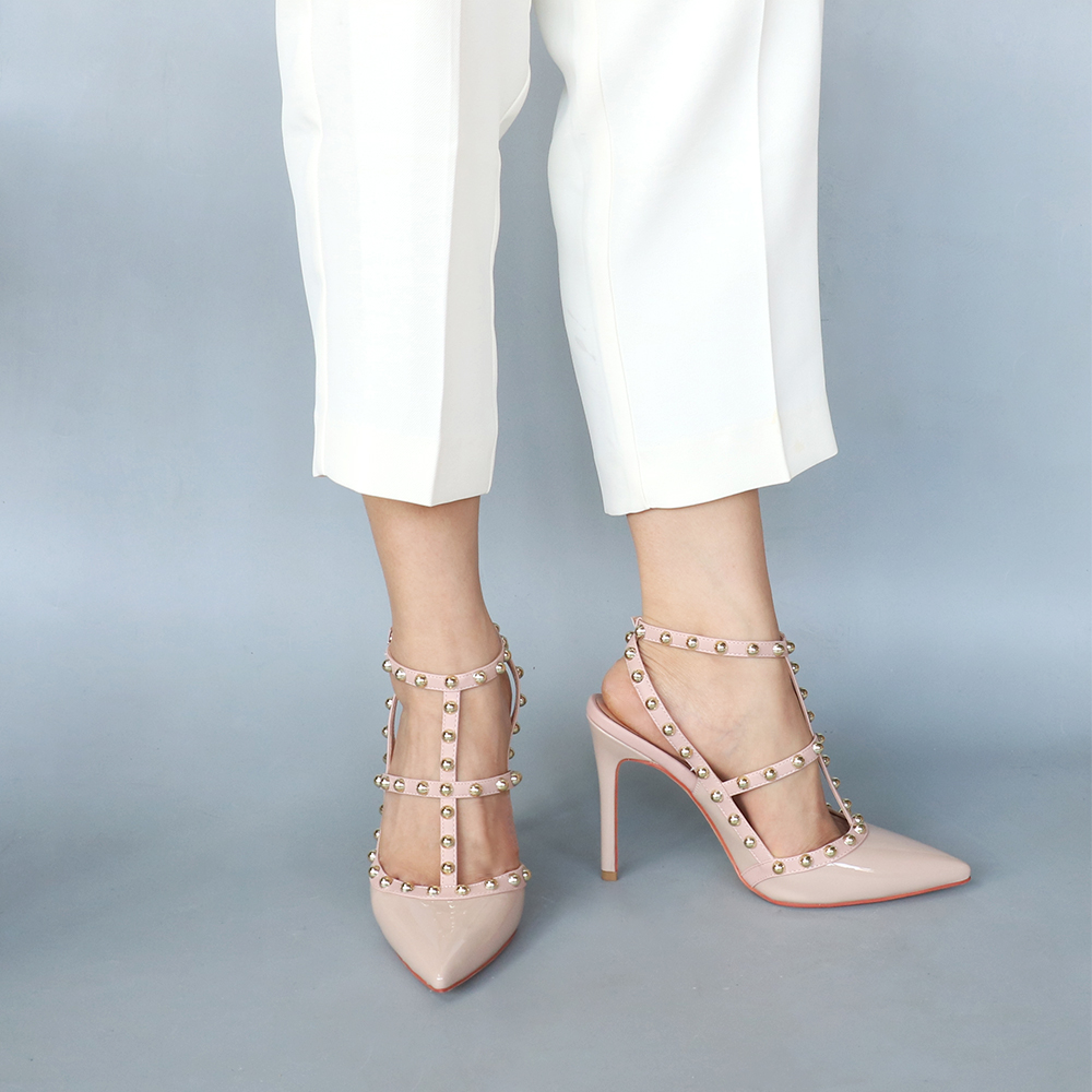 100mm Heels Strap Sandals with Pointed Rivets for Women Slingback Pumps Closed Toe Nude Sandals-vocosishoes