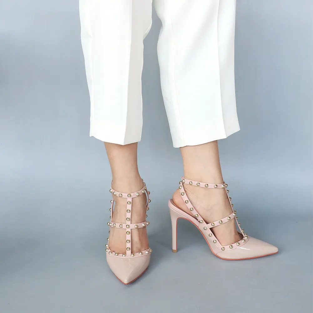 100mm Heels Strap Sandals with Pointed Rivets for Women Slingback Pumps Closed Toe Nude Sandals-vocosishoes