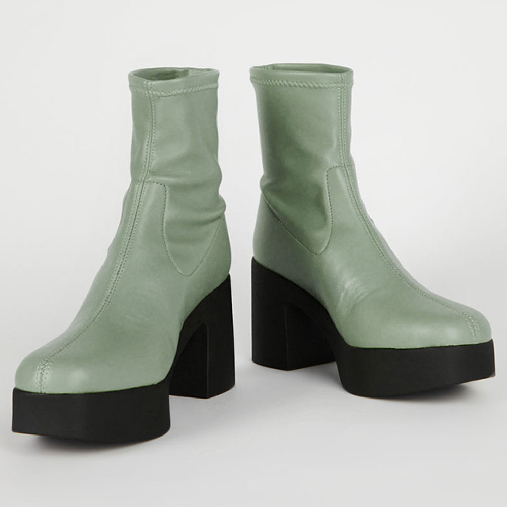 Light Green Block Heel Platform Sock Boots with Square Toe Nicepairs