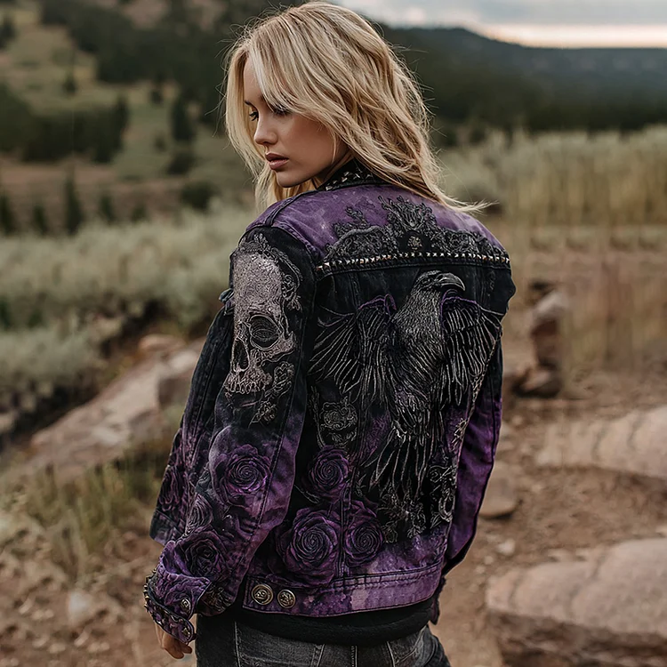 Halloween Raven Skull Rose Embroidery Beaded Washed Denim Jacket