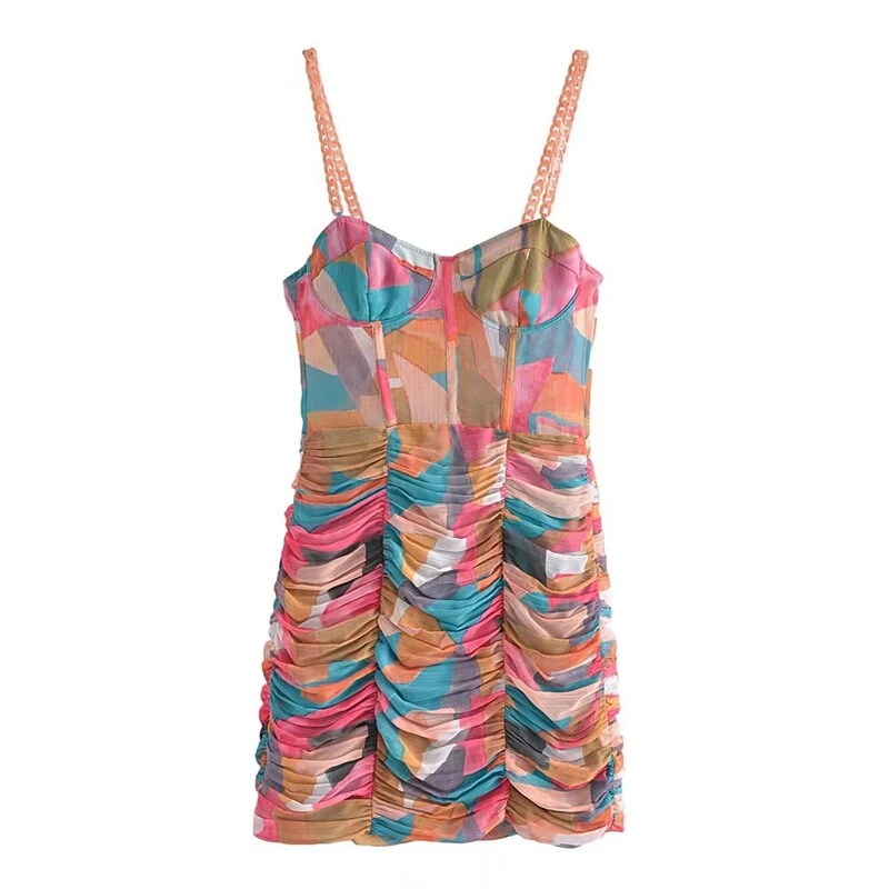 Jangj Pink Draped Mini Dress Chain Spaghetti Strap Sleeveless Slim Party Club Sexy Robe Femme Za Women Summer Vestidos Mujer 2022 New