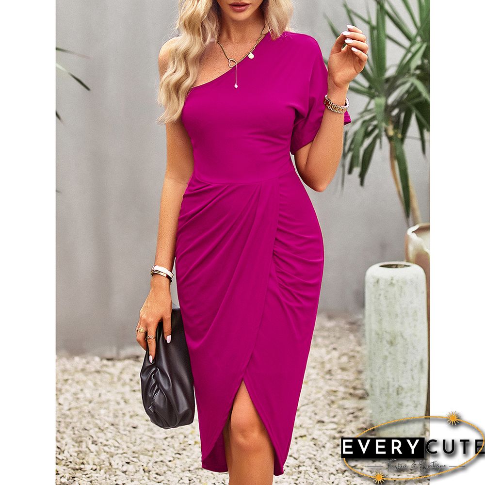 Rose Knitted One Shoulder Split OL Midi Dress