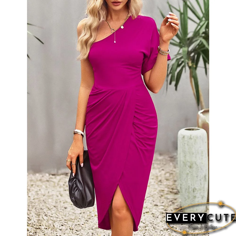 Rose Knitted One Shoulder Split OL Midi Dress