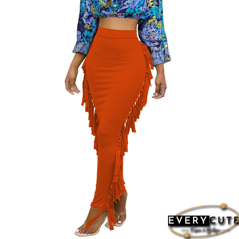 Orange Cotton Blend Sides Tassel Maxi Skirt