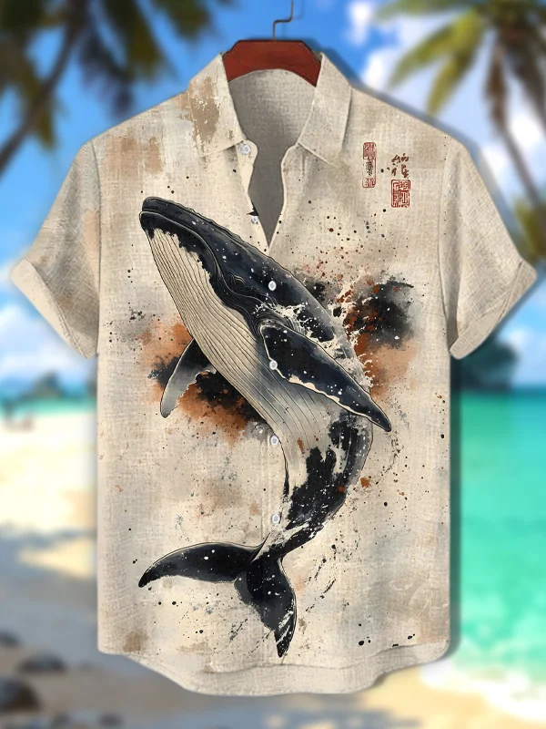 Men's Whale Japanese Art Print Casual Shirt