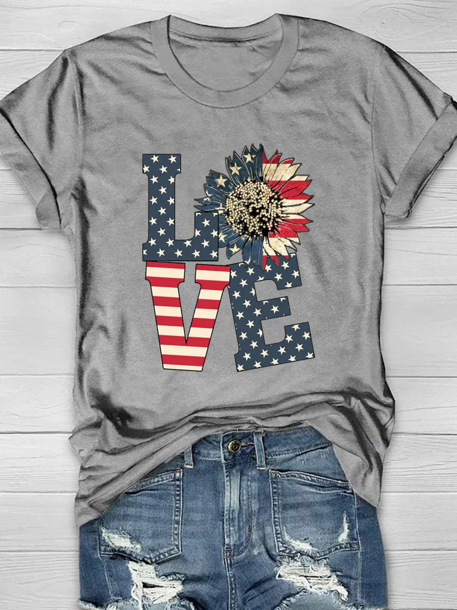 Independence Day Sunflower Love Print Short Sleeve T-Shirt