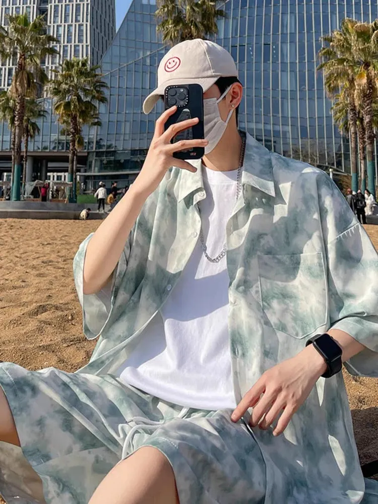 Men's Casual Streetwear Set Pocket Detail Shirt & Shorts for Spring Summer
