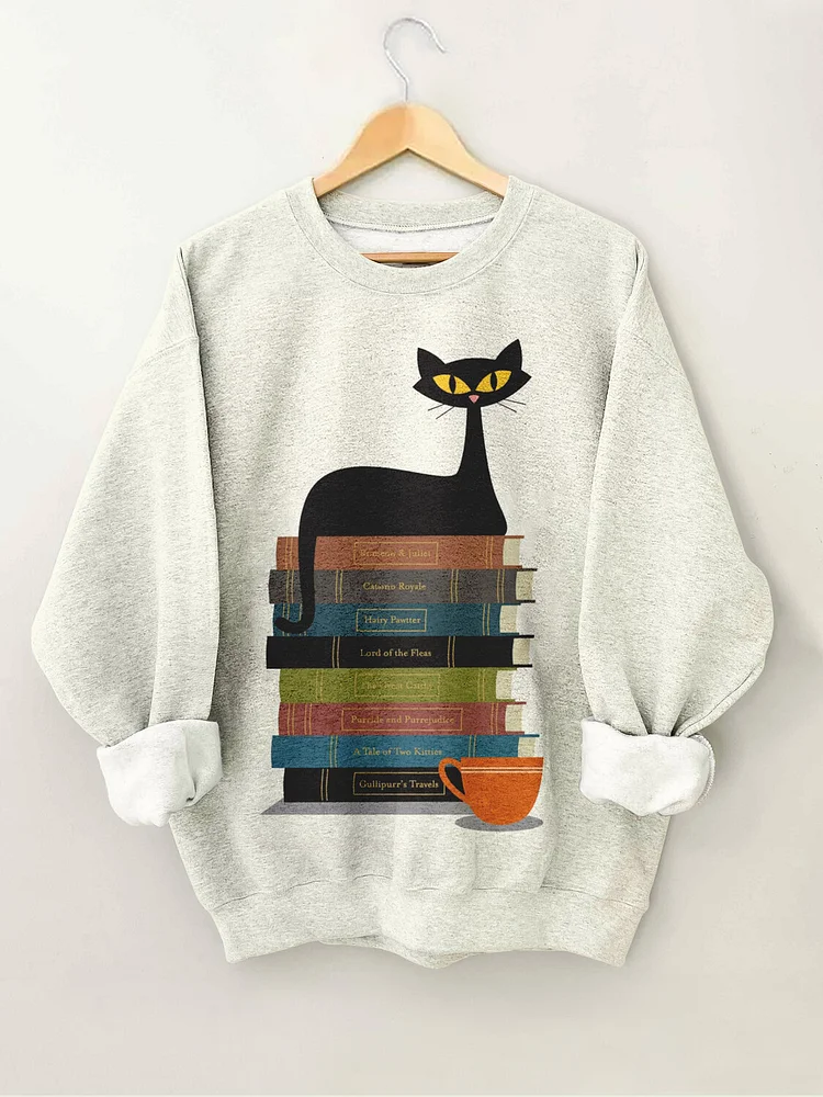 Women's Black Cat Reading Lover Art Print Casual Sweatshirt