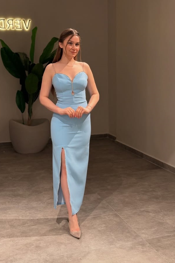  Gorgeous Baby Blue Keyhole Spaghetti Strap Prom Dress A Line with Split - Ohprom