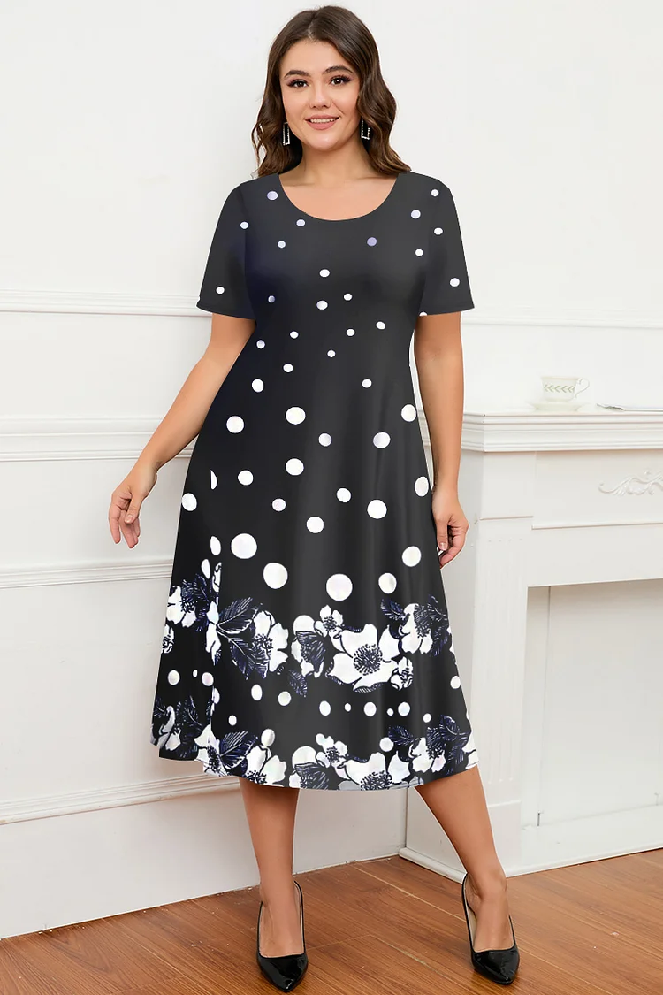 Flycurvy Plus Size Casual Black Ombre Floral Polka Dot Print Tea-Length Dress  Flycurvy [product_label]
