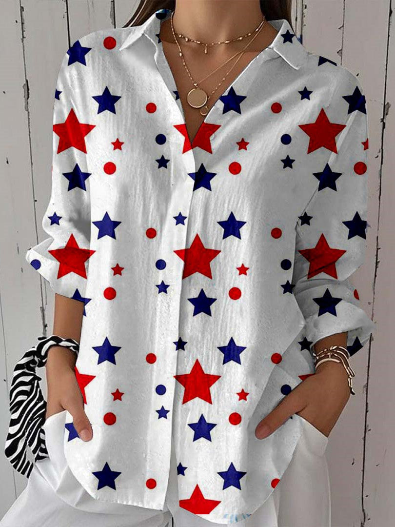 Women 3/4 Sleeve Shirt Collar National Flag Striped Printed Graphic Button Tops