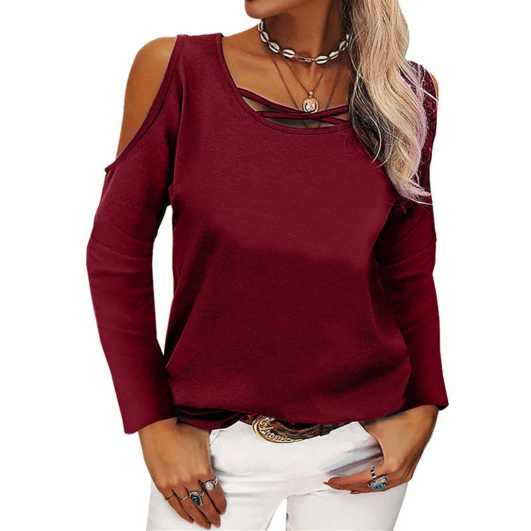Women's Sexy Cold Shoulder Long Sleeves T-shirts Casual Loose