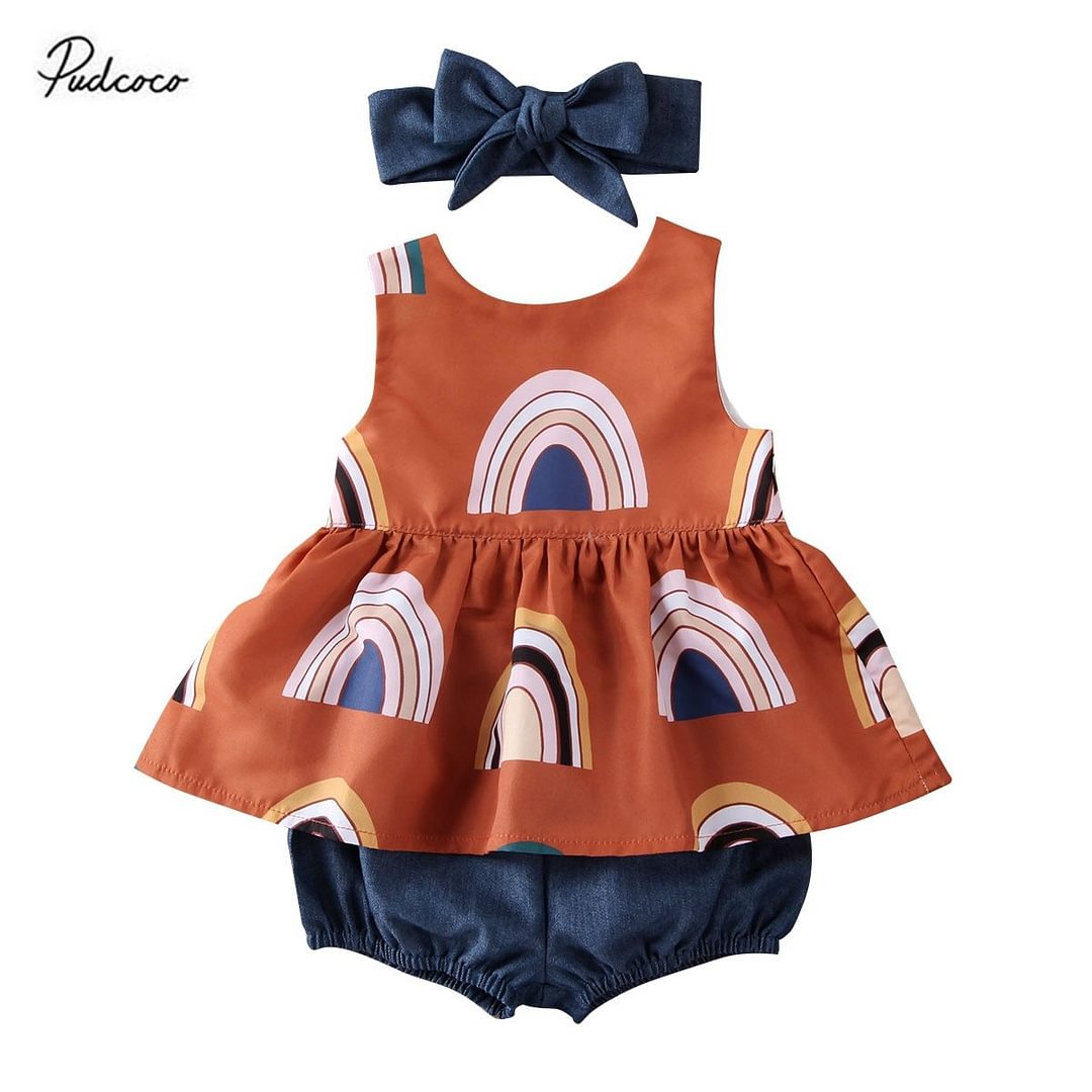 Toddler Infant Kids Girls Loose Outfits Sleeveless Rainbow Bridge Vest Smock Dress Tops + Denim Shorts Clothes Set with Headband