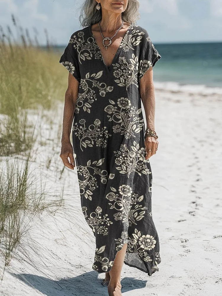 Women's Vintage Lovely Floral Art Print Pocket Cotton Dress