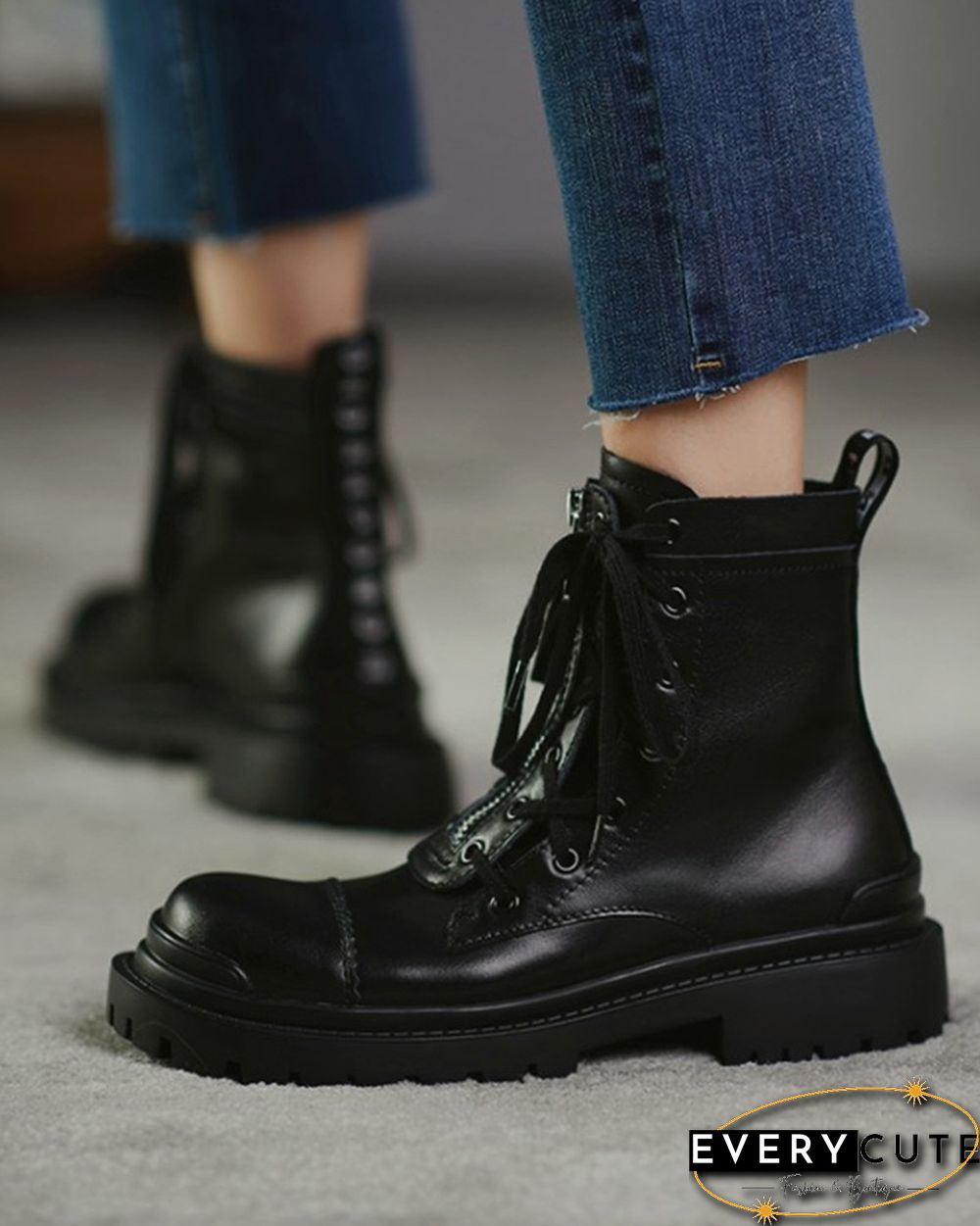 Color Patchwork Round-toe Lace-up Boots