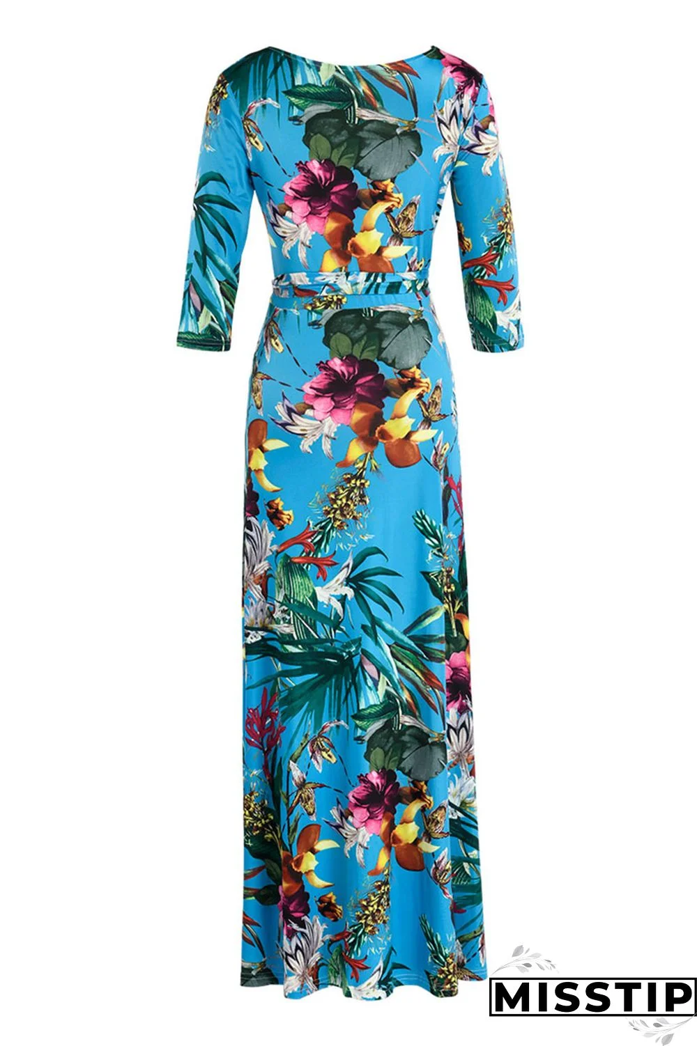 Blue Fashion Casual Print Bandage V Neck Long Sleeve Dresses