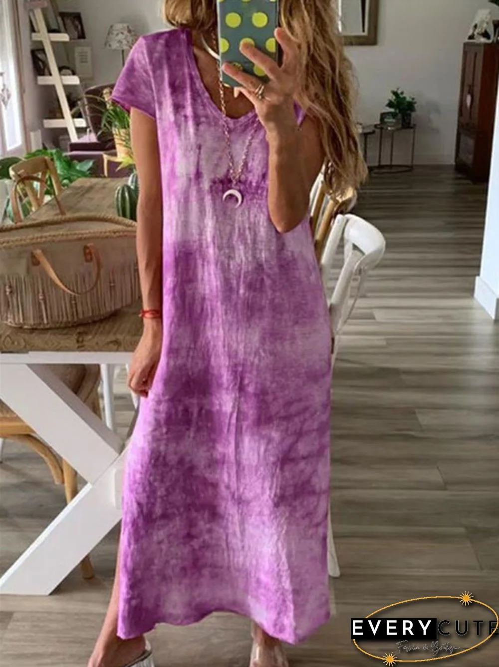 Summer Fashion Tie-Dye Short Sleeve Long Dress Loose V Neck  Maxi Dress