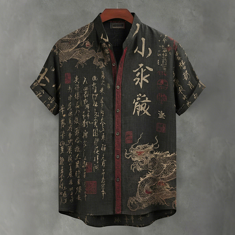 Men's Japanese Calligraphy And Dragon Art Linen Shirt  artssus