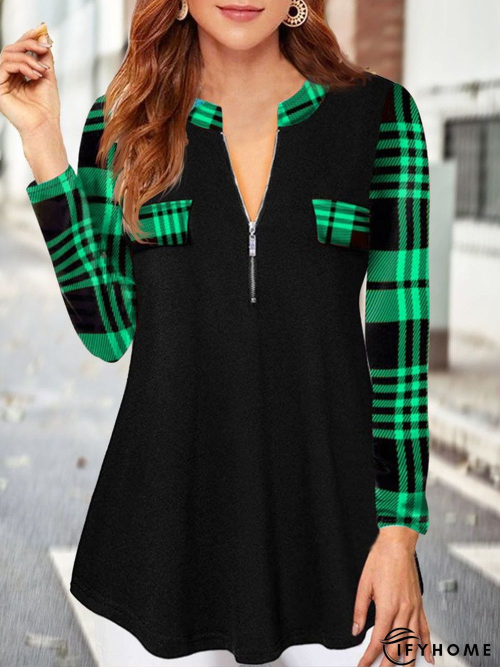 Long Sleeve V-neck Zipper Plain Geometric Plaid Tunics | IFYHOME