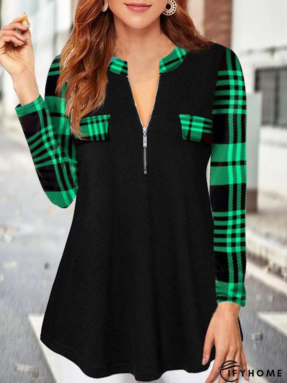 Long Sleeve V-neck Zipper Plain Geometric Plaid Tunics | IFYHOME