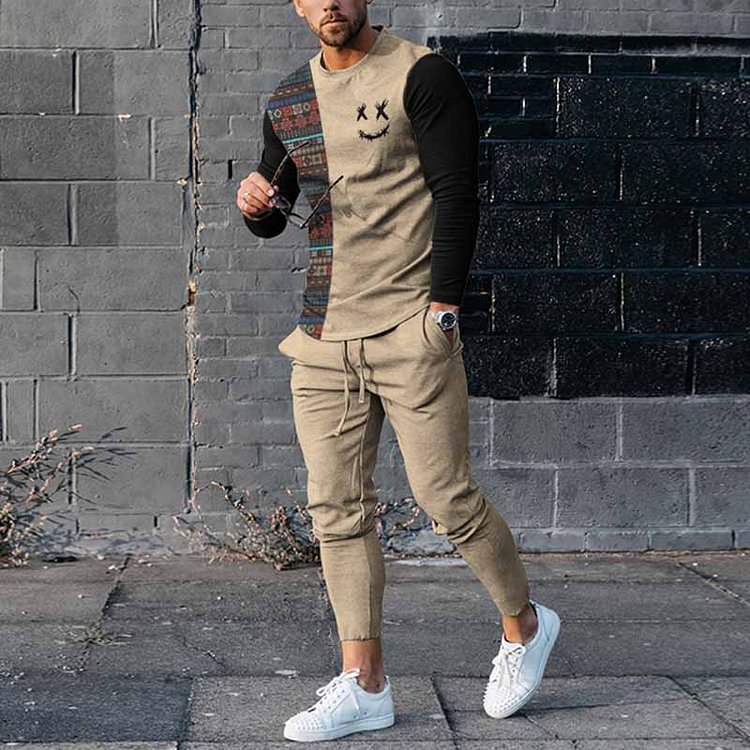 Colorful Geometric & Smile Face Print Patchwork Printing Long Sleeve T-Shirt And Pants