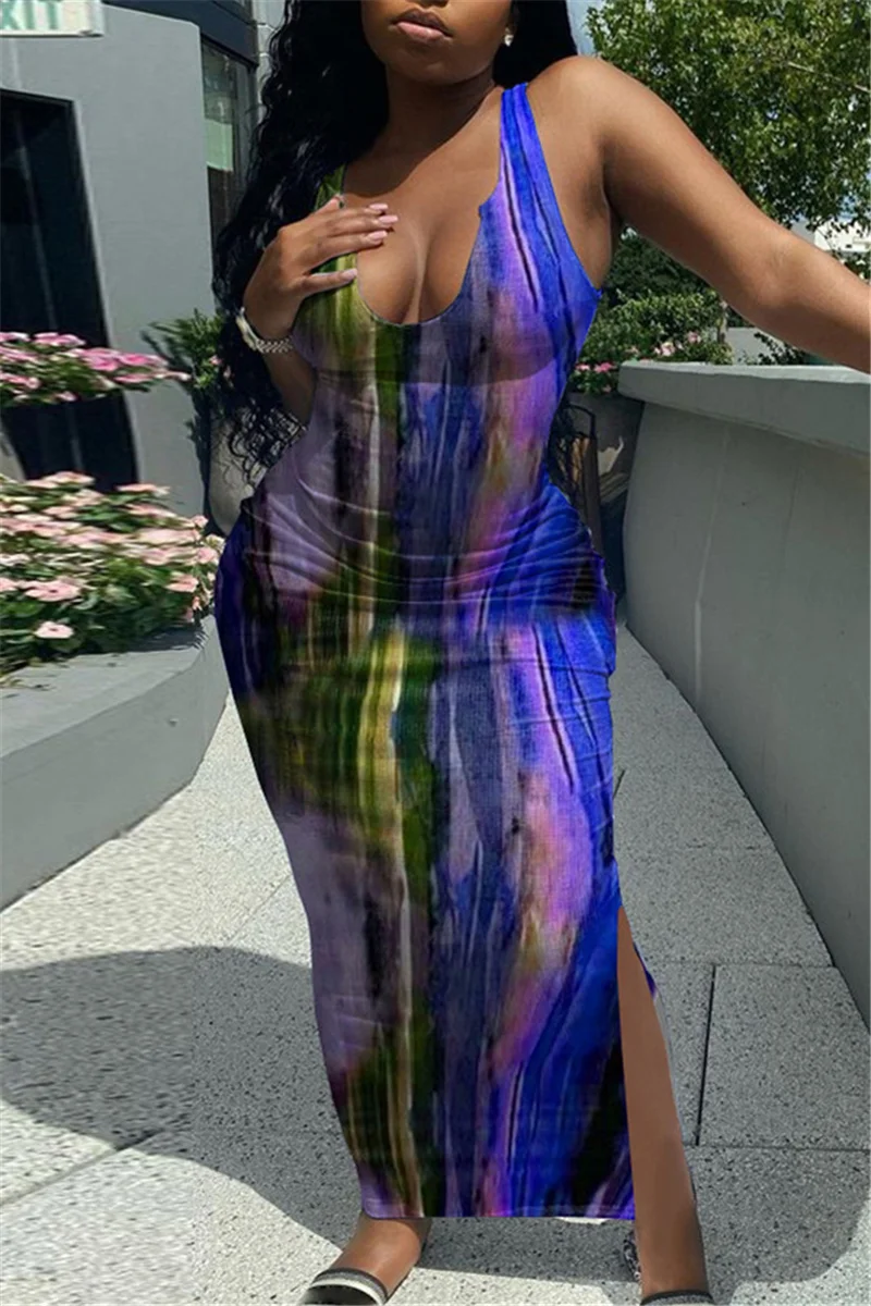 Deep Blue Fashion Sexy Print Tie Dye Slit U Neck Vest Dress | EGEMISS