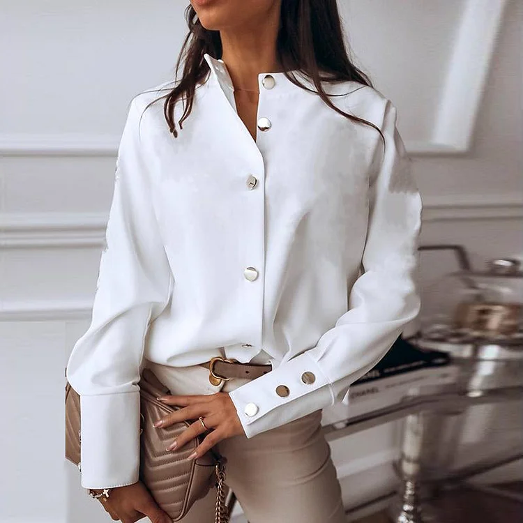 VChics Solid Long Sleeve Stand Collar Buttoned Blouse