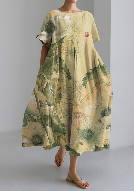 Japanese Art Print Short Sleeve Midi Dress