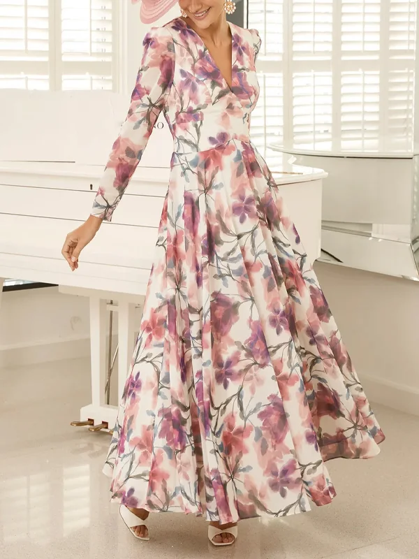 V Neck Long Sleeve Printed Maxi Dress