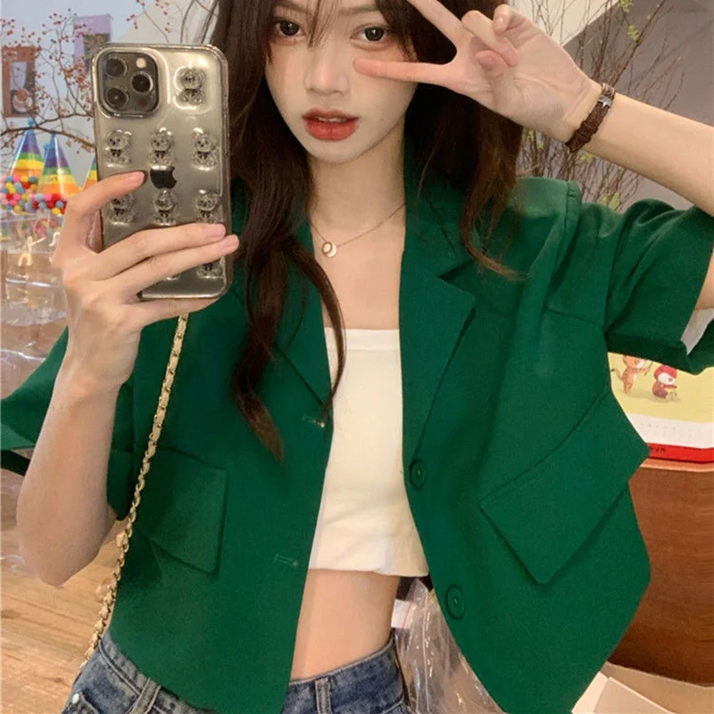 Cartoonh Korean Fashion Cropped Blazer Woman 2023 Summer Short Sleeve Single Breasted Coats Female Turn Down Collar Thin Jacket