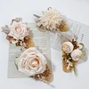 10PCS Neutral Beige Khaki Wedding Catering Bridal Groom Guests Corsage Boutonniere Wrist Artificial Flower Bouquets