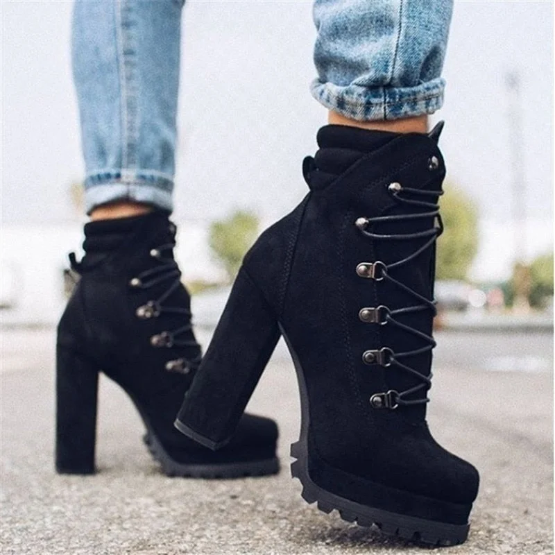 2020 Women Plus Size High Heels Ankle Boots Cross Straps Waterproof Platform Fashion Women High Heels Casual Solid Ankle Boots