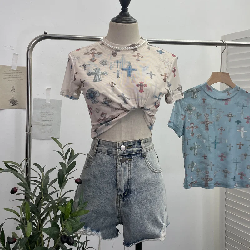 Uveng Real Shooting Retro Tie-Dye Double-Layer Mesh Half-High-Neck Short-Sleeved T-Shirt T-Shirt Short-Sleeved T-Shirted Woman 8833