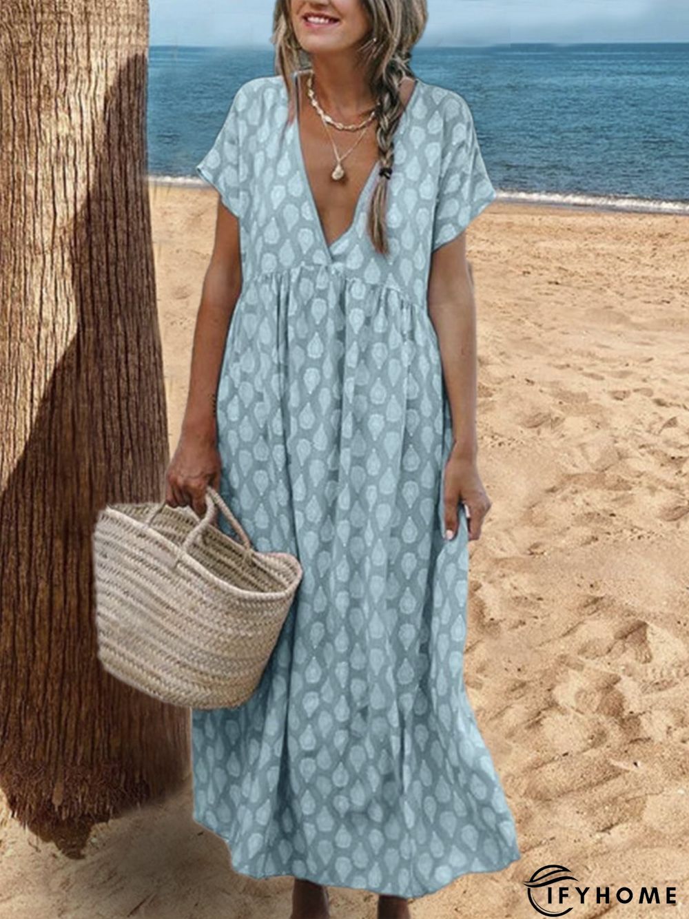 Women Plus Size Casual V Neck Short Sleeve Printed Floral Weaving Dress | IFYHOME