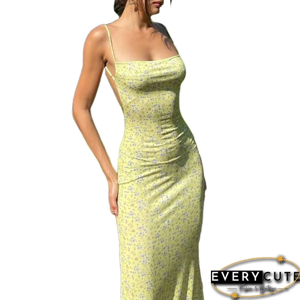 Yellow Backless Spaghetti Straps Floral Dress