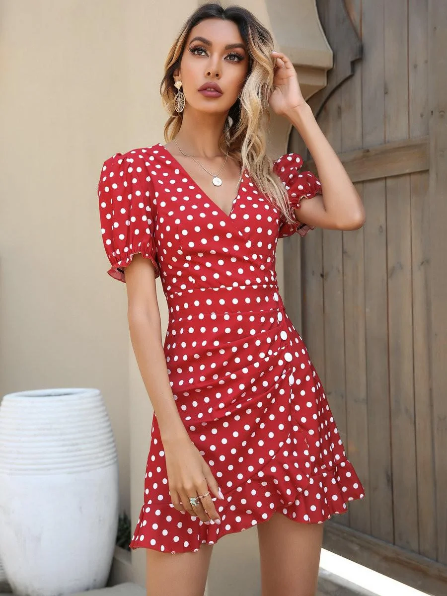 Jangj Women Dress Fashion Dot Puff Sleeve Chiffon Dress Summer 2022 New Red Print V-neck Irregular French Short Dress Ladies Dresses