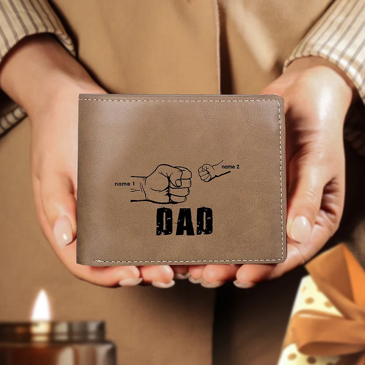 Custom Men Leather Wallet Personalized Fist Bump Folding Wallet with 2 Names Father's Day Gift