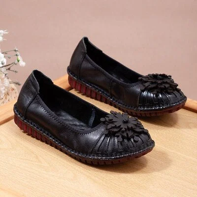 GKTINOO Fashion Flower Design Round Toe Solid Color Flat Shoes Vintage Genuine Leather Women Flats Handmade Women's shoes