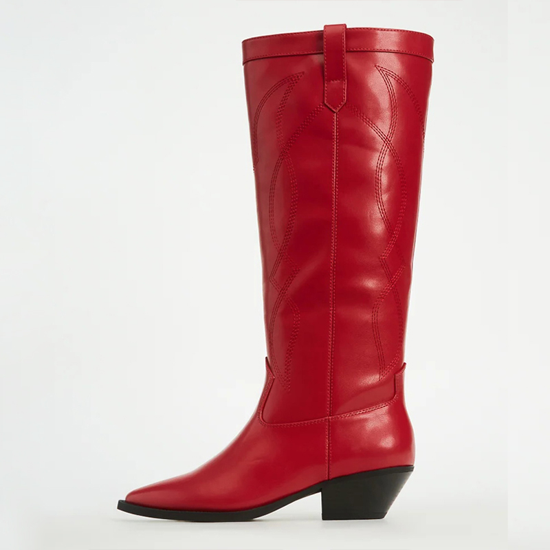 Red Pointed Toe Embroidered Mid Wild Calf Chunky Heel Cowgirl Boots